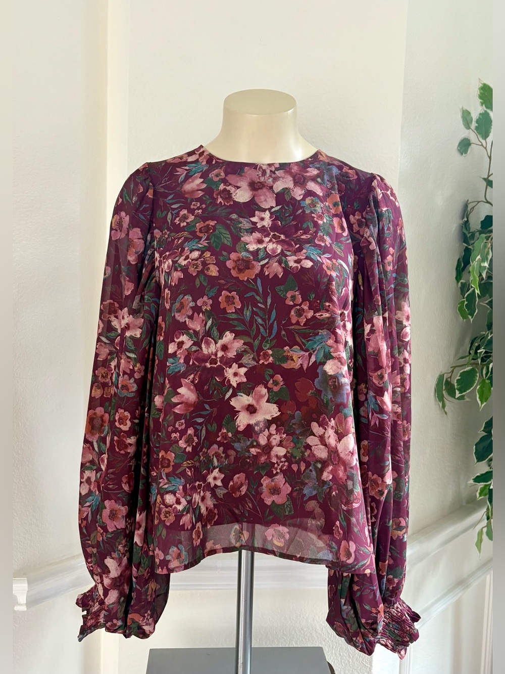 Floral Long-Sleeve Blouse in Burgundy